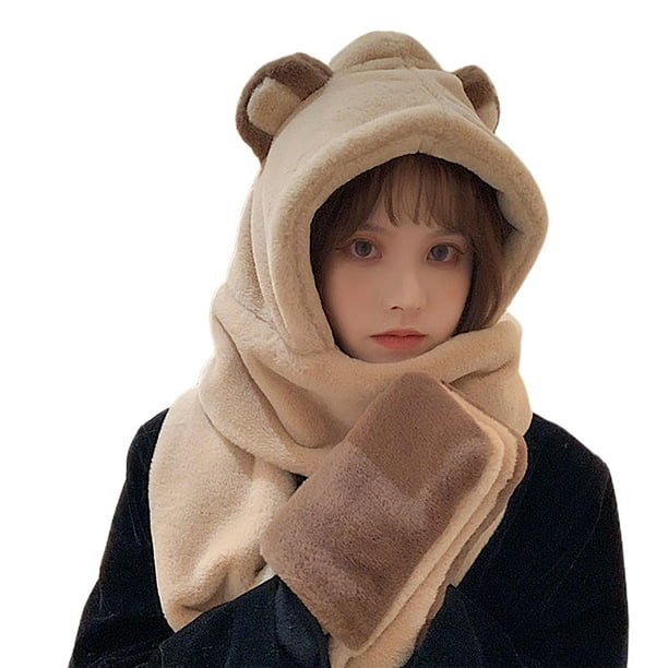 Chapeau d'hiver 3 en 1 pour femmes et hommes, écharpe à capuche en forme d'ours