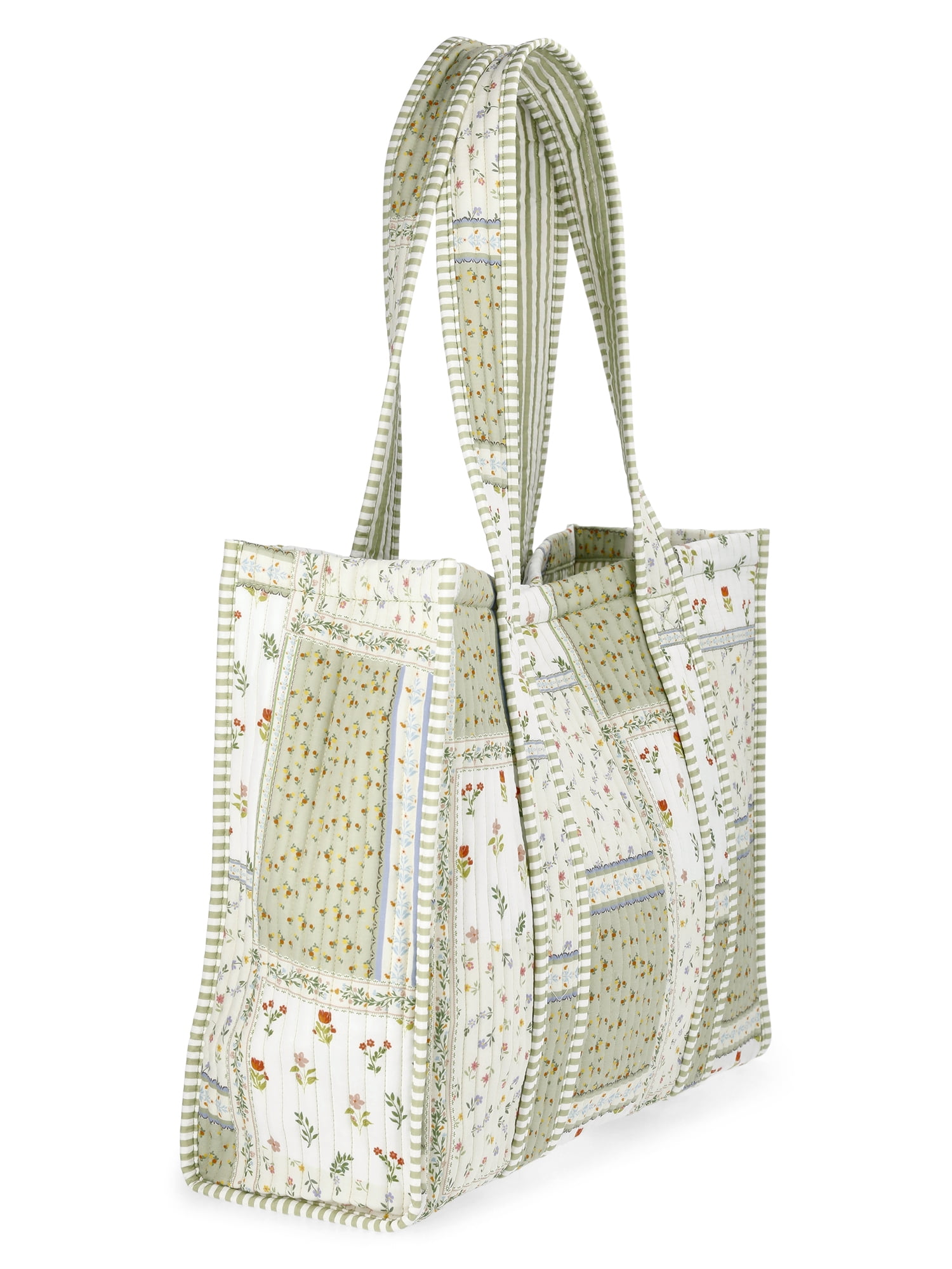 No Boundaries Women's Quilted Tote Bag, Green Patchwork/Stripe
