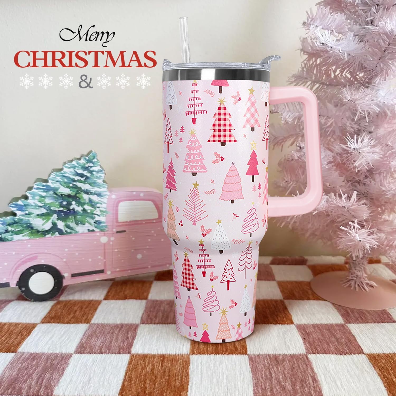40 Oz Pink Christmas Tree Tumbler With Handle,Christmas Tree Coffee Travel Mug Cup,Christmas Decor,Christmas Gifts for Women