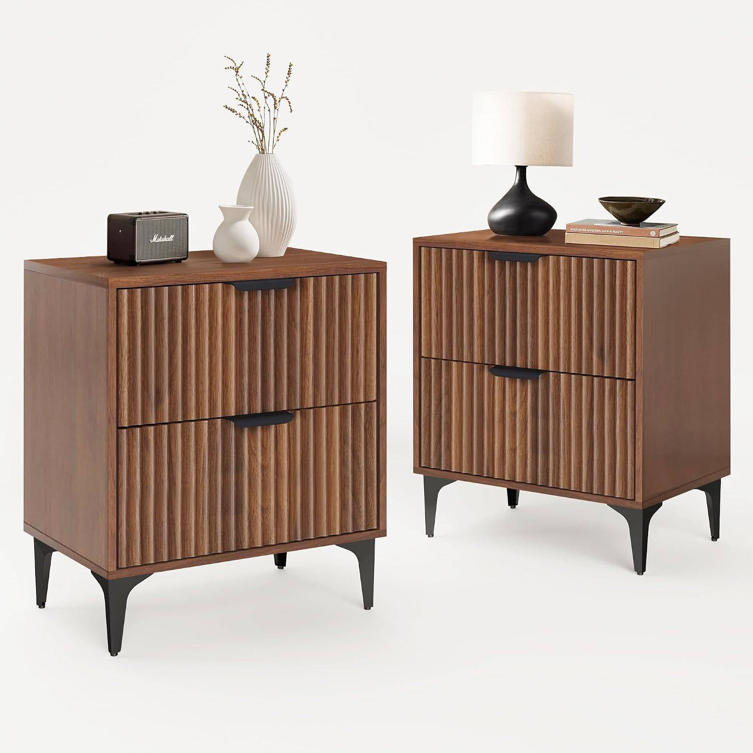 Walnut Fluted Nightstand Set of 2 Modern 2-Drawer Bedside Tables