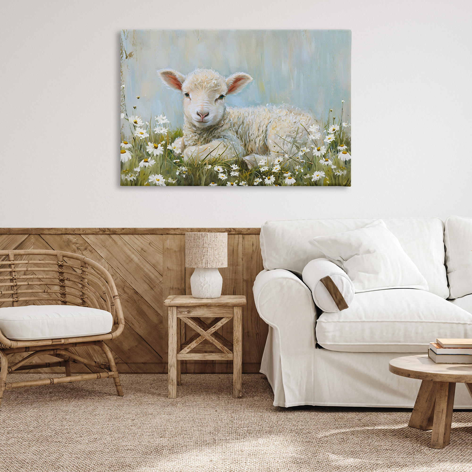 Stupell Industries Lamb Resting in Meadow Animals & Insects Painting Gallery Wrapped Canvas Art Print Wall Art, 45 x 30