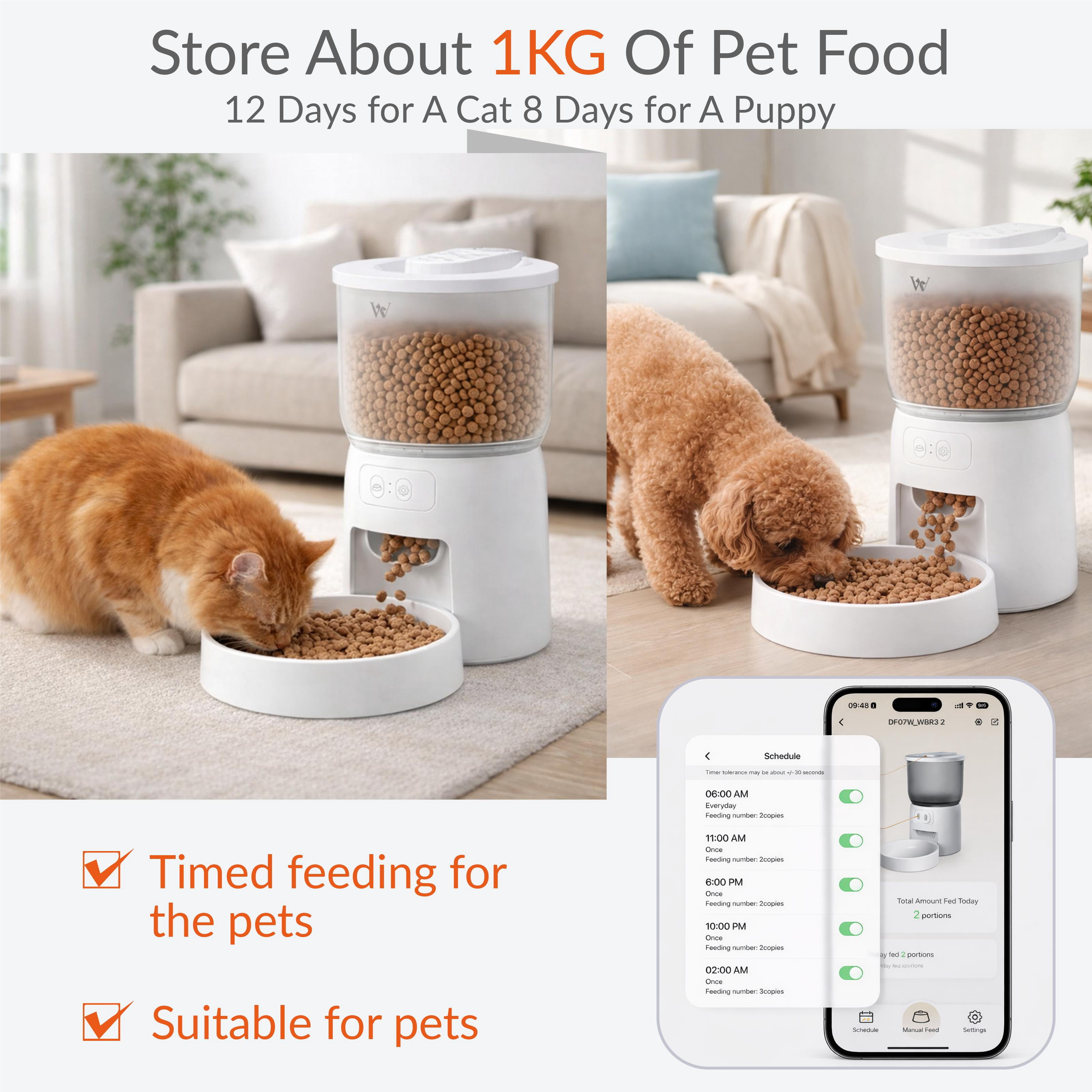 Smart Pet Feeder, 3L Automatic Food Dispenser for Cats, dogs，Small Pets Indoor, Timed and quantitative dry food cat feeder kibble, feeding