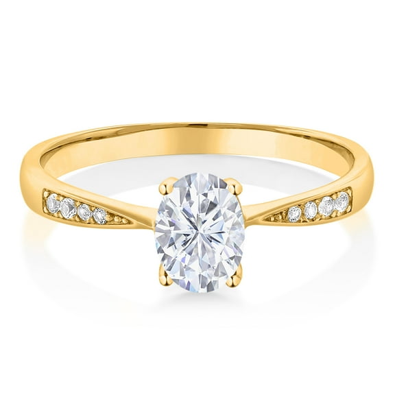 Gem Stone King 10K Yellow Gold White Moissanite from Charles & Colvard and White Diamond Engagement Ring for Women (0.96 Cttw, Gemstone Birthstone, Oval 7X5MM, Size 9)