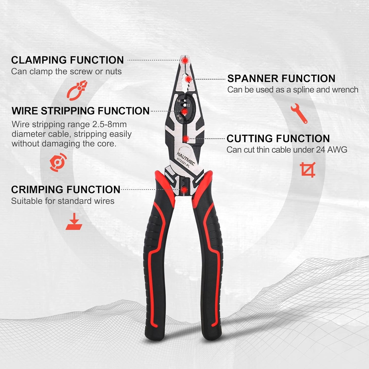 Pro Wire Stripper Tool 8" Multifunctional Combination Linesman Pliers Cable Cutter Wire Strippers Electrical Terminal Crimping Tool Clamping Spanner High leverage Eccentric Design HT0321