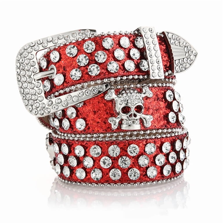 Rhinestone Studded Skull Belt Western Style Faux Leather 1.3\