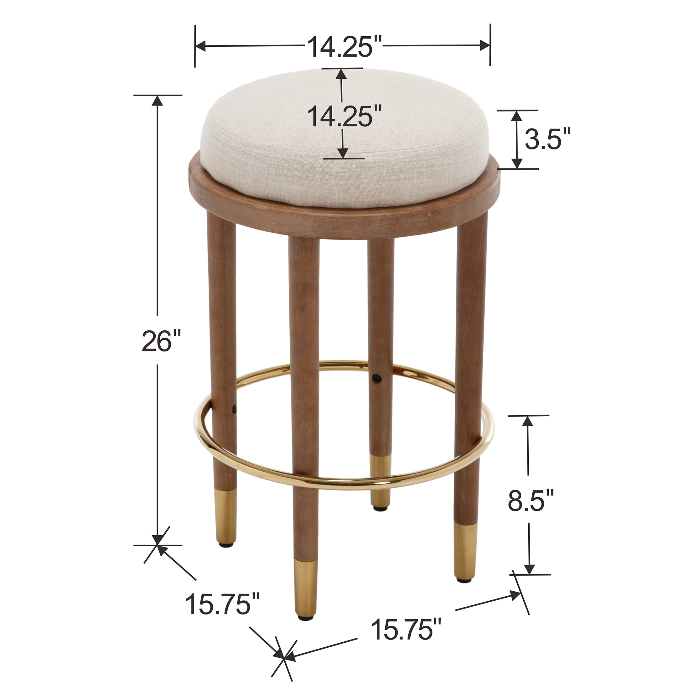 Guyou 26" Backless Counter Height Bar Stool Set of 2, Modern Round Linen Upholstered Stools, Farmhouse Wooden Kitchen Island Chairs for Restaurant Kitchen Bistro, Beige