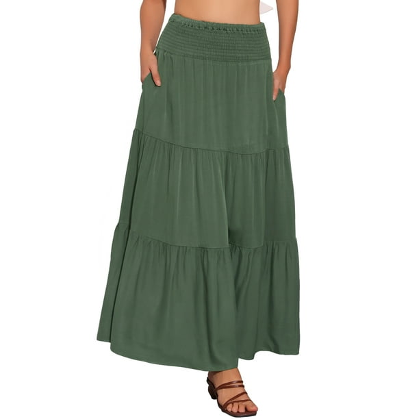 Falda Maxi Chic de Verano Inspire para Mujer, Falda Larga Bohemia de Cintura Alta Elástica en Verde