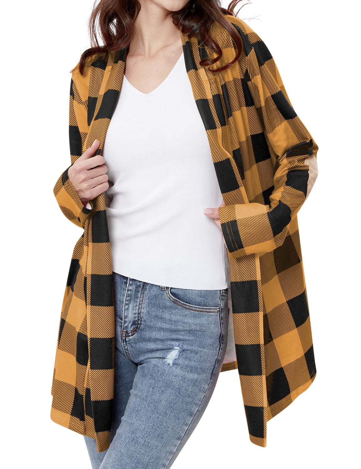 Women Colorblock Plaid Elbow Patch Long Sleeves Cardigan