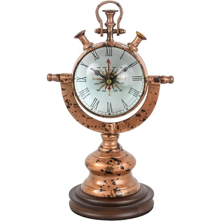 Vintage Nautical Copper Desk Clock | Antique Finish Table Clock with Compass Dial | Classic Roman Numeral Analog Clock for Home, Office & Gift Décor (Copper Patina)