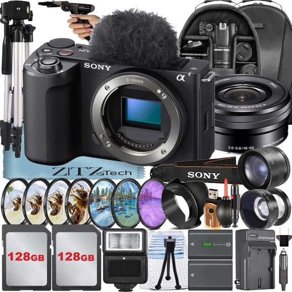 Sony ZV-E10 II Mirrorless Camera (Black) with 16-50mm Lens   2 Pack 128GB Memory Card   Backpack   Telephoto   ZeeTech Accessory Bundle (International Version)