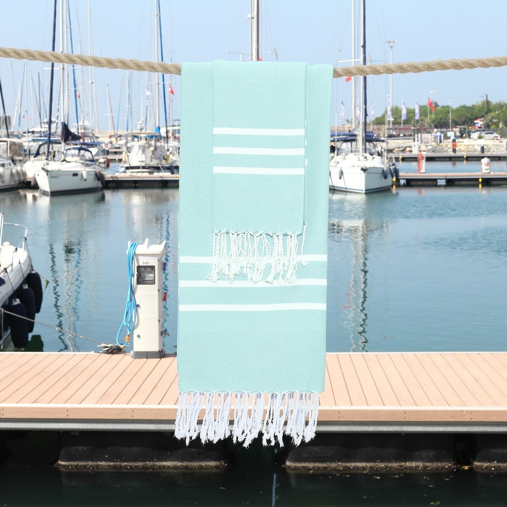 Linum Home Alara 100% Turkish Cotton Monogrammed White and Aqua Pestemal Beach Towel Set
