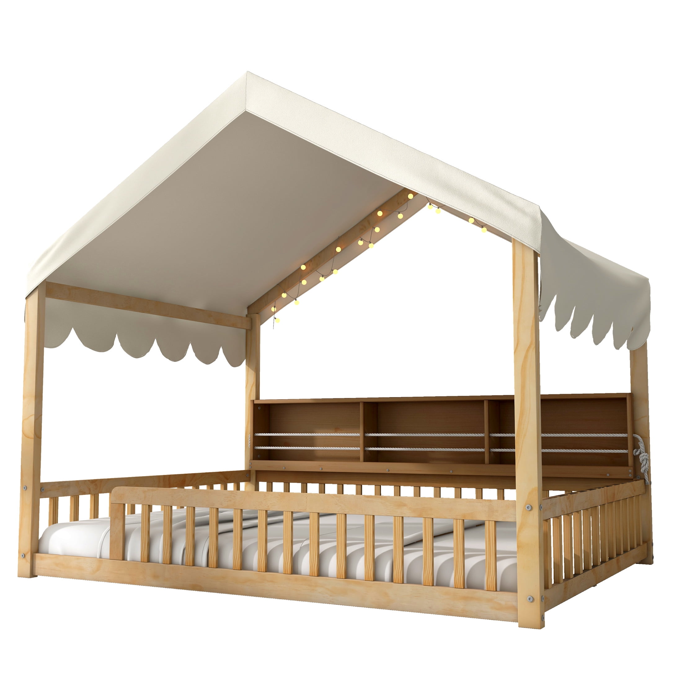 Noble House Larissa Full Size House Bed with Fence and LED Lights, Wooden Floor Bed, Heavy Duty, Natural and Beige