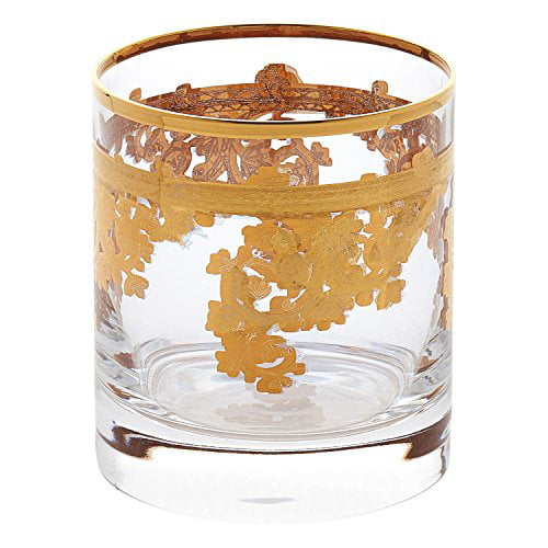 Lorren Home Trends Royal-DOF Set of 4 Embellished 24K Gold Crystal Double Old Fashion-Made In Italy Clear One Size 