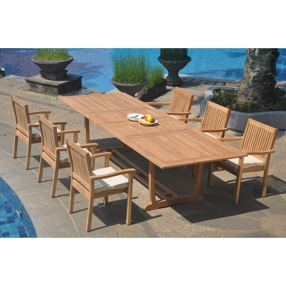 Grade-A Teak Dining Set: 6 Seater 7 Pc: 118" Double Extension Mas Rectangle Trestle Leg Table And 6 Leveb Stacking Arm Chairs WholesaleTeak #WMDSWVm