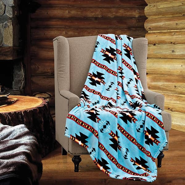 Black Native Soft Fleece Cashmere Faux Fur Throw Blanket 60 x 80 in Light Blue 
