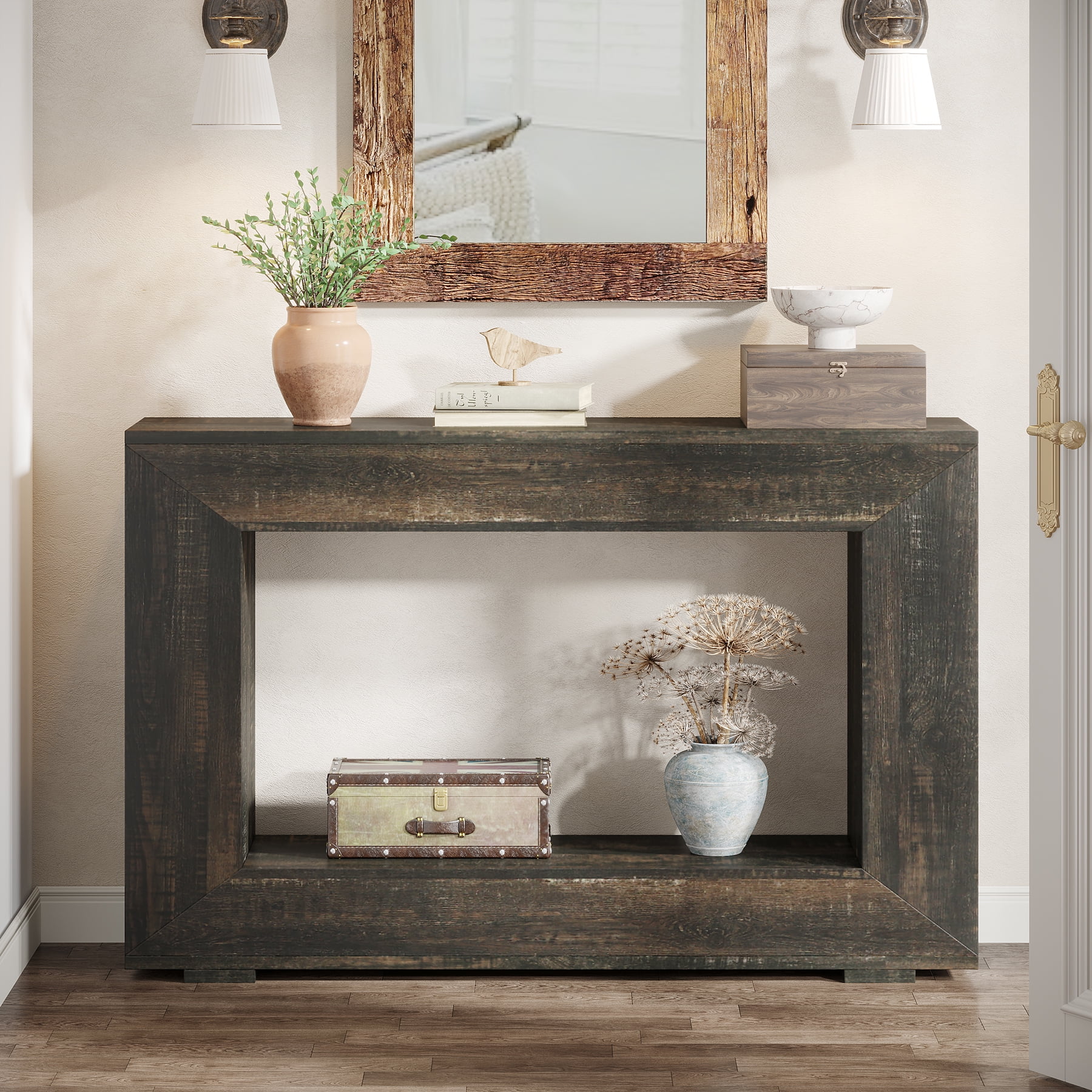 Finmind 47" Farmhouse Console Table, Industrial Entryway Console Table with Storage, Wood Accent Table for Hallway, Living Room, Entrance