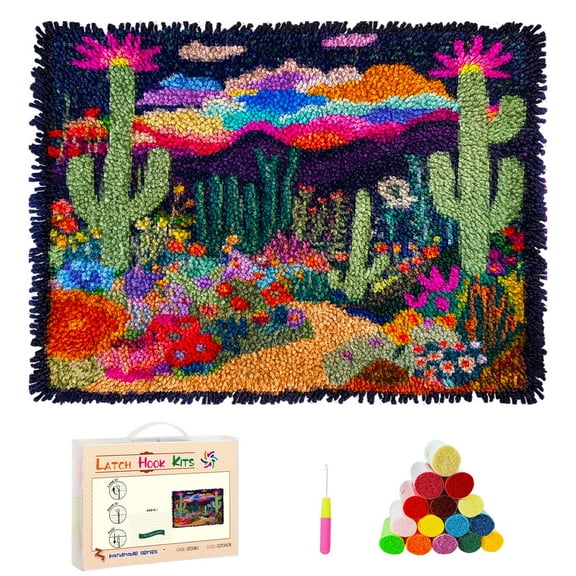 DIY Latch Hook Rug Kits Colorful Desert Landscape Cactus and Wildflowers Stamped Non-slip Mat Crochet Yarn Hook and Latch Emboridery Tapestry for Home Floor Decor and Pet Warm Cushion 52x38cm(1)