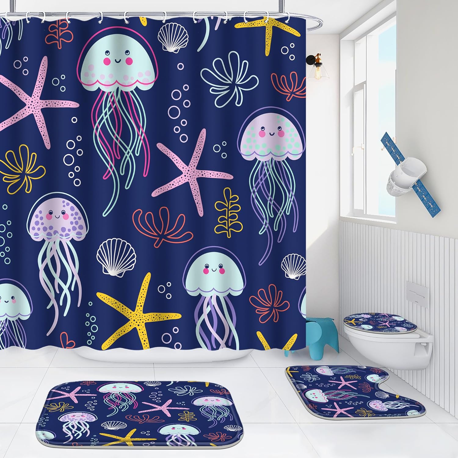 4 Pcs Bathroom Shower Curtain Set,Kid's Bathroom Set,Baby Octopus Shower Curtain Sets with Rugs(Bath Mat,U Shape and Toilet Lid Cover Mat) and 12 Hooks