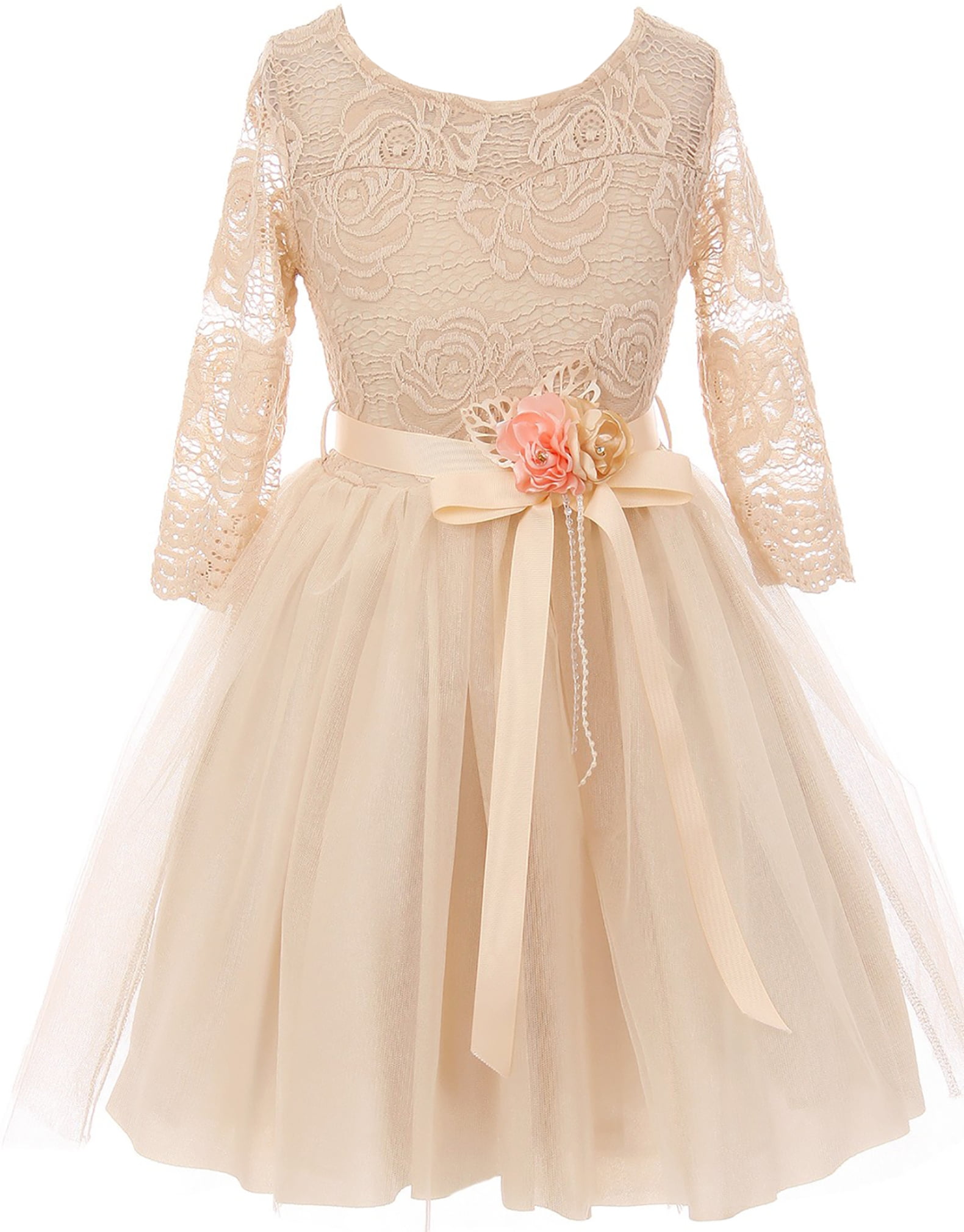 Kid Girl Lace Trim Collar Floral Long Sleeves Dress