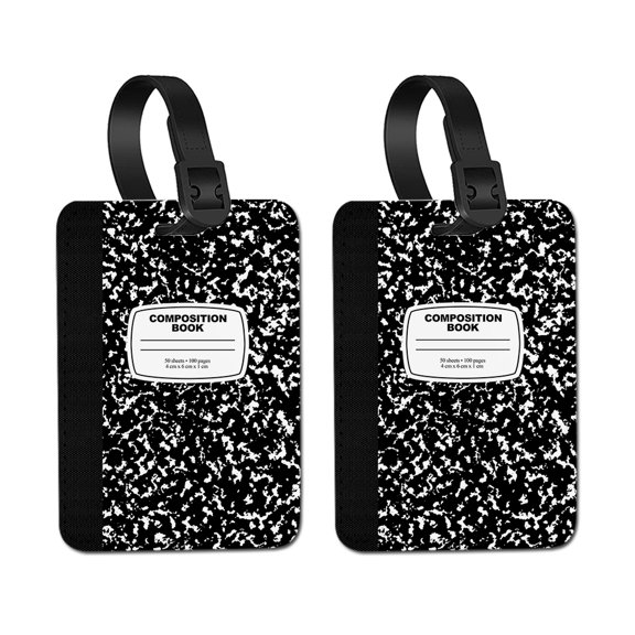 WIRESTER 2pcs Set PU Leather Luggage Tags Privacy Label Flap for Travel Suitcase Baggage - Black Composition Book