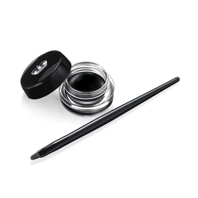 delineador de ojos rimmel scandaleyes, gel impermeable negro, 2,5 ml — tarro de gel negro abierto con tapa negra con logotipo y brocha angular delgada al lado sobre fondo blanco; textura lisa y color intenso, volumen 2,5 ml; también suele usarse para detalles precisos de cejas o delineados artísticos.
