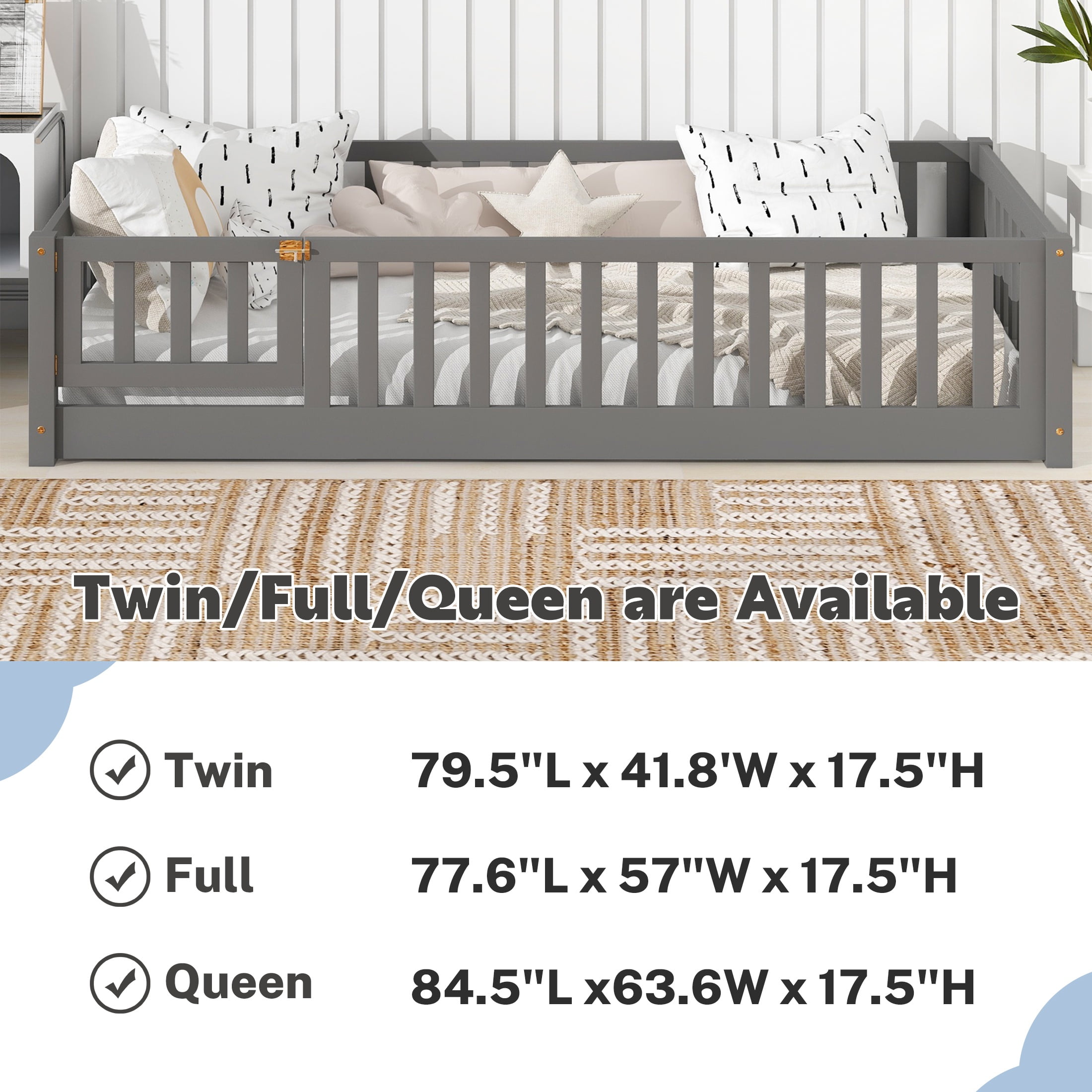 PAPROOS Twin Montessor Floor Bed, Solid Wood Toddler Bed with Safety Guardrail and Door, Easy Assembly, Low-to-Floor Bed Frame with Slats for Kids, Gray