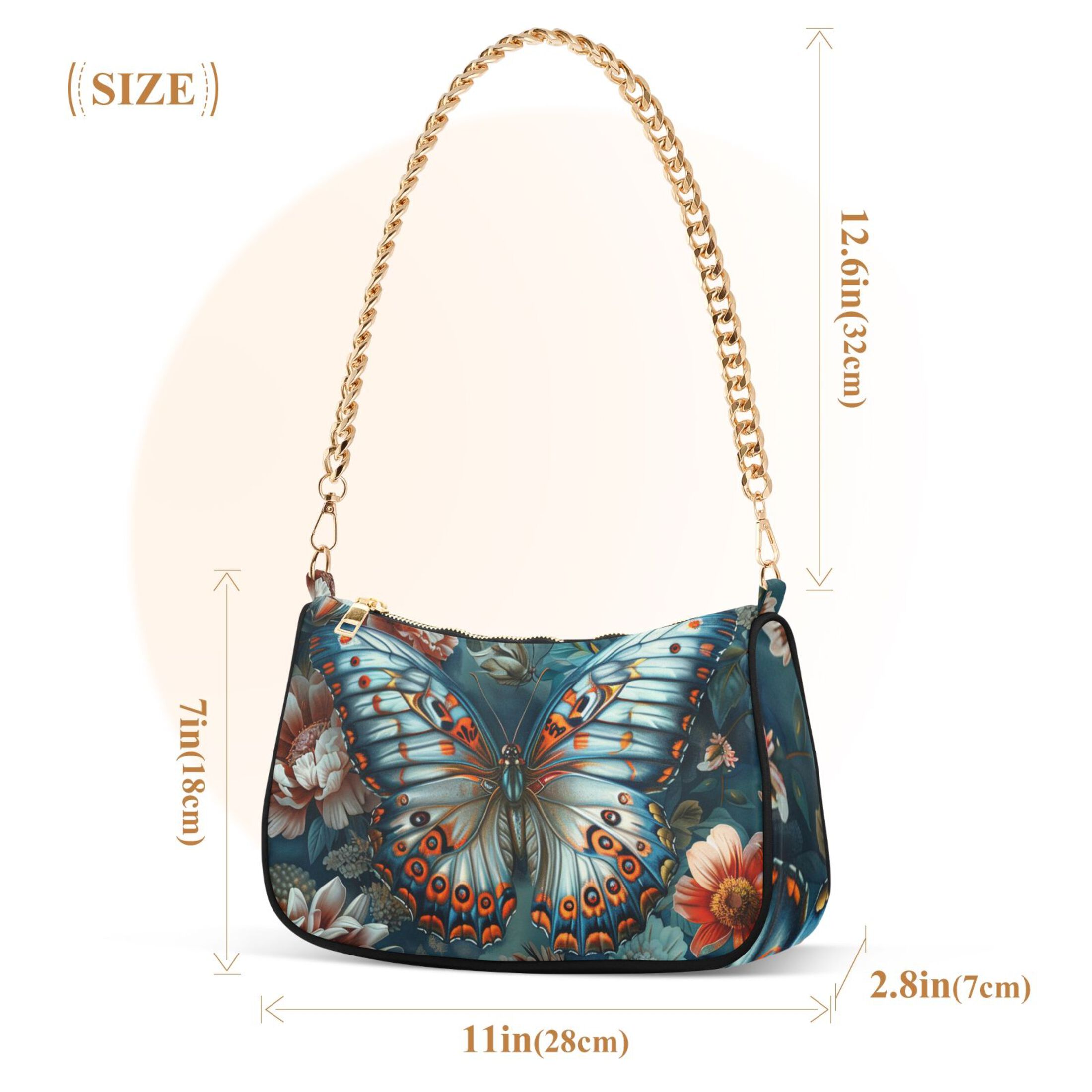 Ryvnso Magic Butterfly on Floral Womens Chain Shoulder Bag Tote Handbags Clutch Hobo Purse with Zipper for Travel