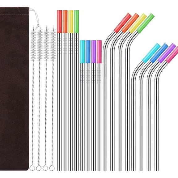 16 Pcs Reusable Stainless Steel Straws with Storage Bag,4Pcs Cleaning Brush,Silicone Tips Eco Friendly Extra Long Metal Straws Drinking for 20 24 30 OZ Tumbler