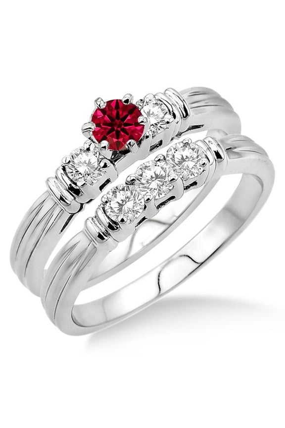 1.5 Carat Red Ruby Three Stone Moissanite Diamond Bridal Set on 10k White Gold