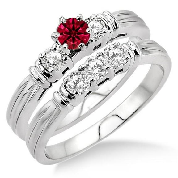 1.5 Carat Red Ruby Three Stone Moissanite Diamond Bridal Set on 10k White Gold