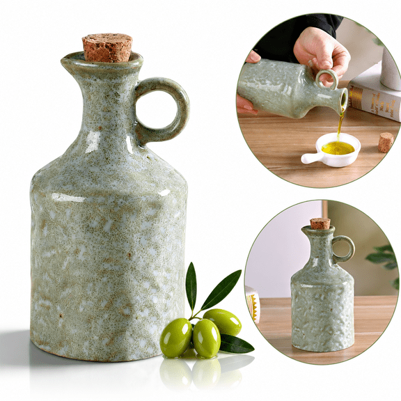 Ceramic Olive Oil Dispenser Bottle, Reactive Glaze Texture Oil Bottle with Cork Stopper, Leak-Proof Small Spout, Multi-Purpose Ceramic Oil Dispenser for Olive Oil, Vinegar, Wine, Soy Sauce, Lemon Jui