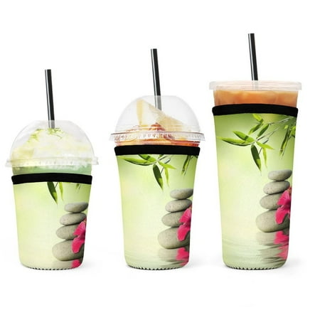 

Set of 3 Packs Reusable Hot And Iced Coffee Cup Sleeve Neoprene Tumbler Sleeve Stones Red Hibiscus And Bamboo on The Water(16 24 32oz)