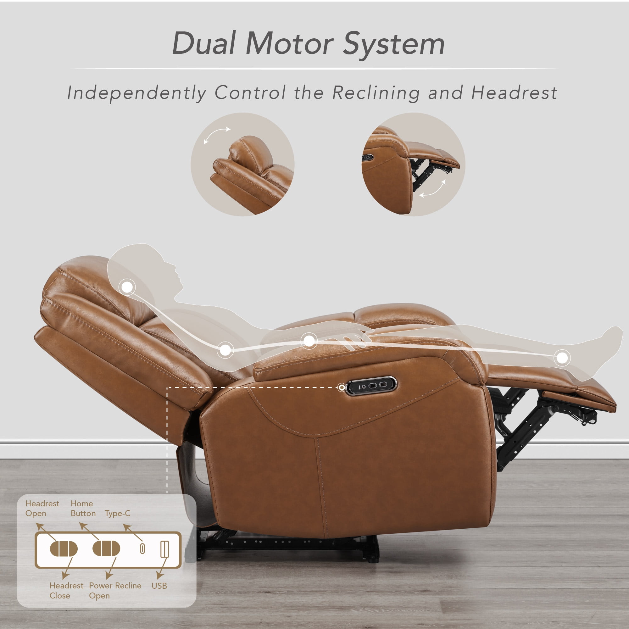 Spruce & Spring Genuine Leather Wall Hugger Power Recliner with Dual Motors, Saddle-Medium
