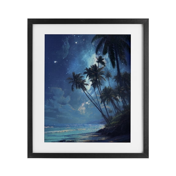 Moonlit Beach Palm Trees Black Framed Print Under Glass, design by Ziwei Li