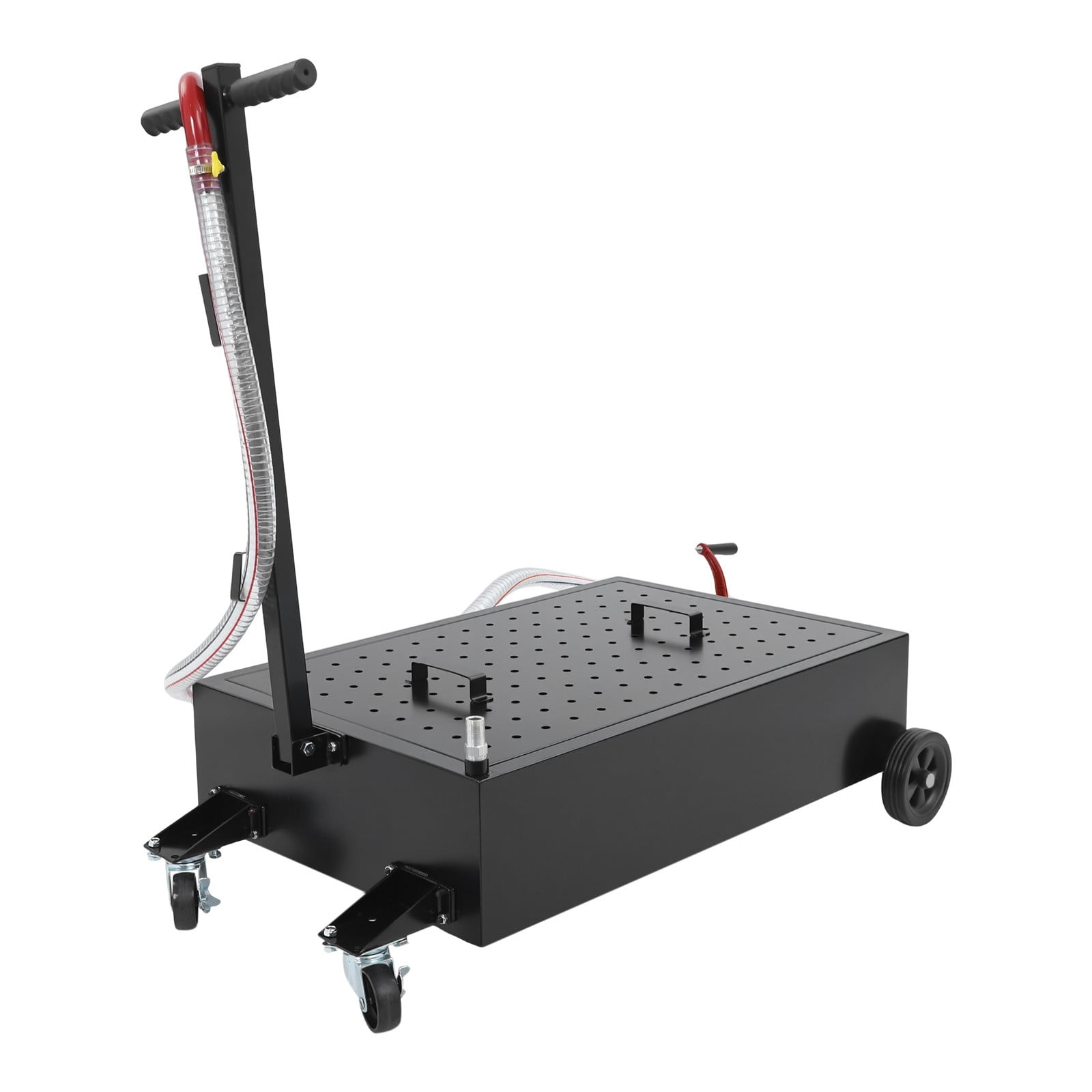 15Gal Oil Drain Pan with Manual Rotary Pump, 7.2ft Hose & Wheels, Heavy-Duty Steel Fluid Collection Tank for Automotive Industrial Workshop
