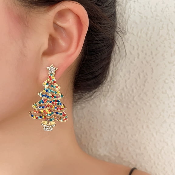 Christmas Tree Shape Alloy Rhinestone Drop Earrings Sparkly Inlaid Crystal Dangle Earrings