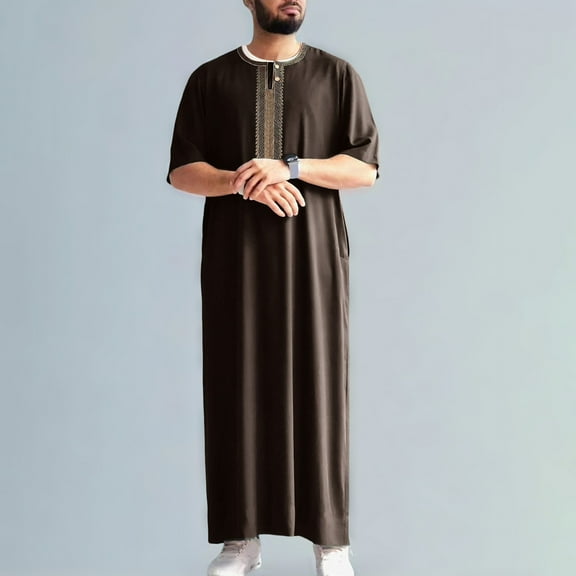 Dpytoraw Vintage Embroidered Men's Long Robe With Side Pockets Retro Muslim Thobe For Casual Wear Men’s Wrinkle-Free Shirts