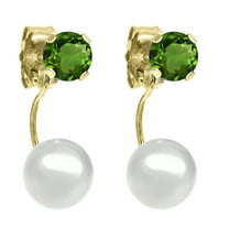Gem Stone King 4mm Round Green Tourmaline 0.50 Ct 14K Yellow Gold Stud Freshwater Pearl Earrings