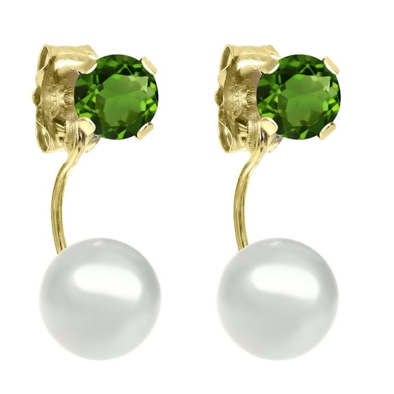 Gem Stone King 4mm Round Green Tourmaline 0.50 Ct 14K Yellow Gold Stud Freshwater Pearl Earrings