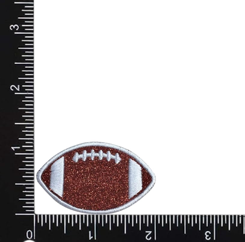 Brown Glitter Football, White Outline/Stitches, Embroidered, Iron on Patch (2 Inch - Set of 10)