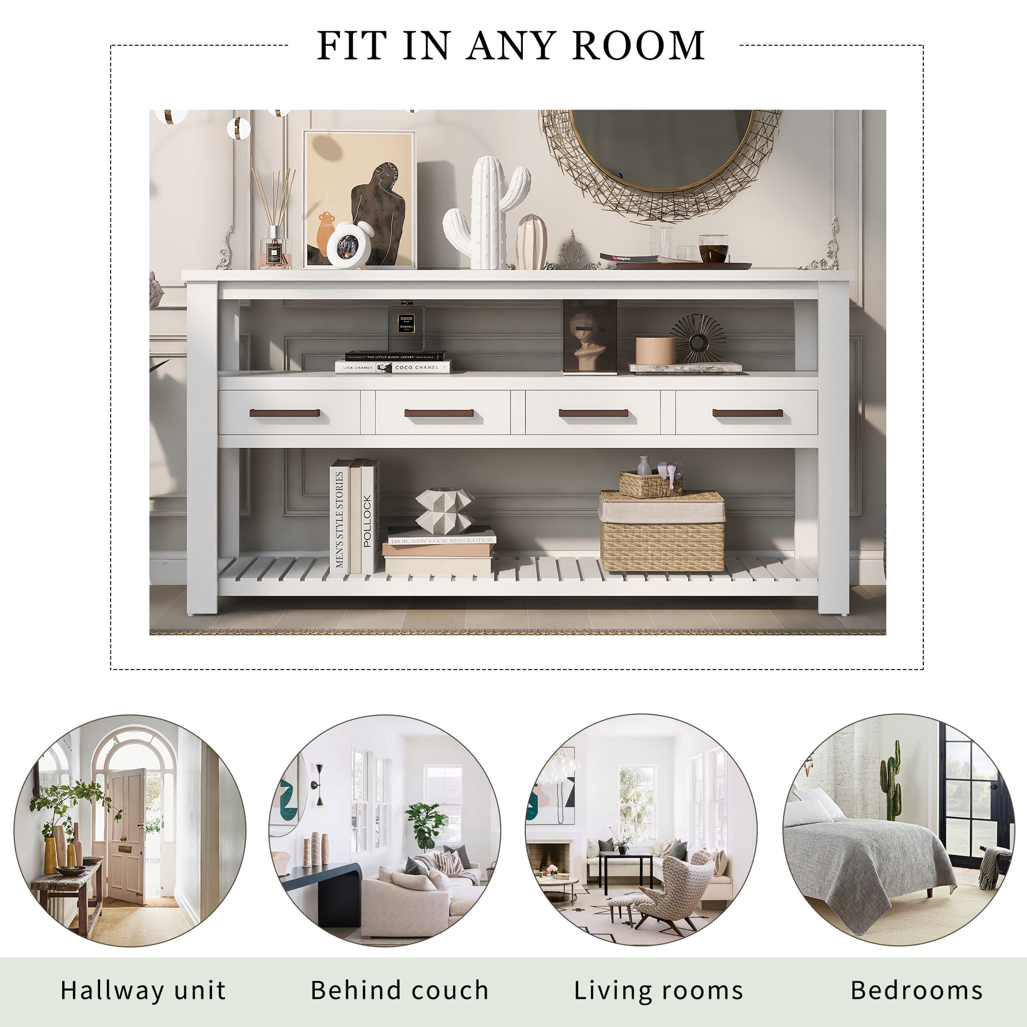 Euroco 61.5" Large Console Table,Modern Wood Entryway Table Sofa Table with 3-Tier Open Shelves & 4 Drawers for Living Room,Hallway,Foyer,White