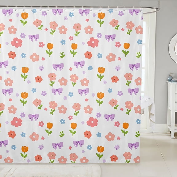 Manfei Kawaii Floral Bowtie Shower Curtain 72Wx72L,Cute Cartoon Themed Bathroom Curtain,White Pink