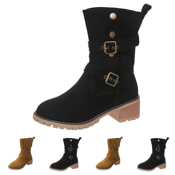 THDHVS Winter Boots for Women,Womens Shoes,Women's Casual Versatile Sweet and Cool Style Fashion Fall and Fashion Trendy Heel Double Buckle Heel Mid-Calf Boots Brown