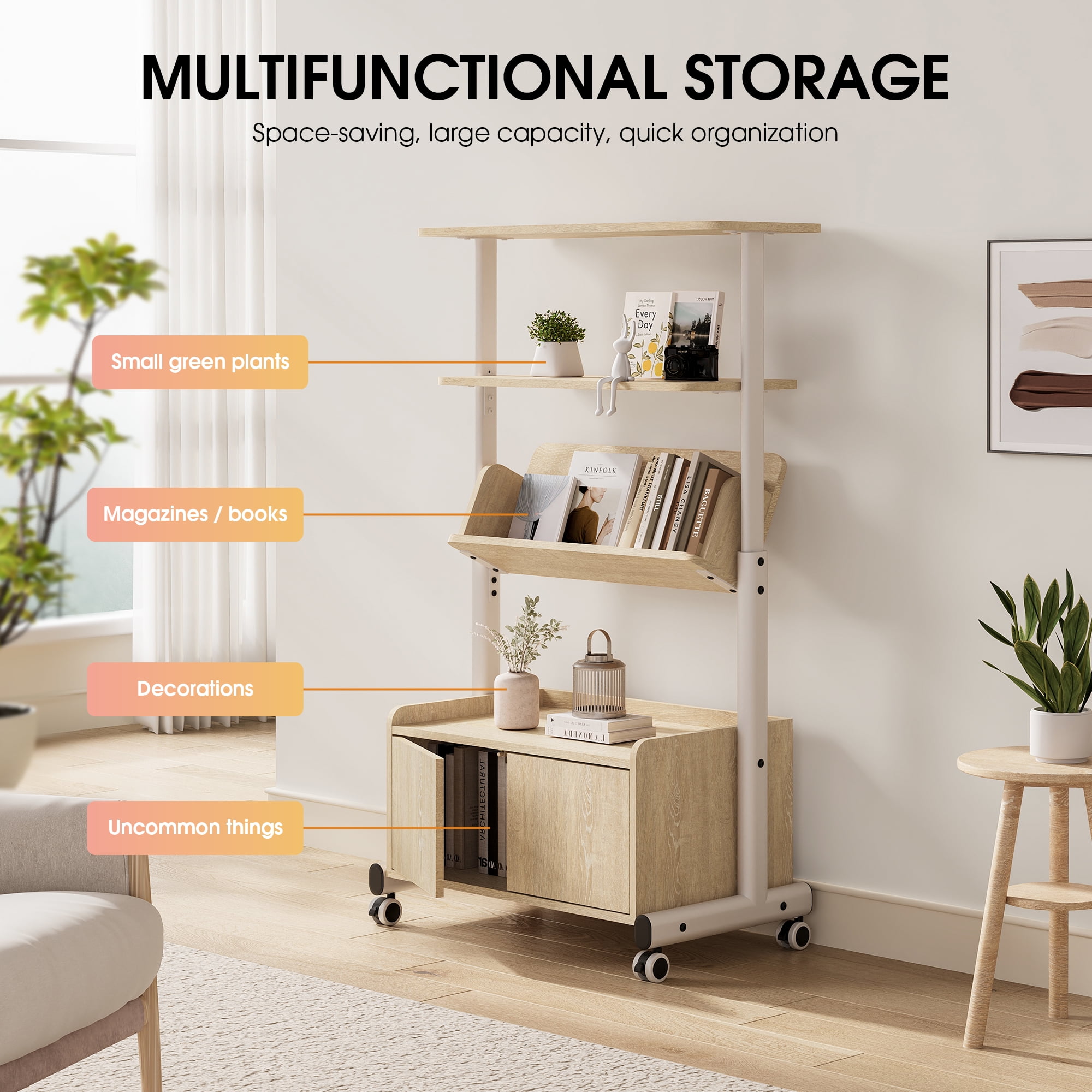 Fenge Bookshelf with Door, 4 Tier Small Bookcase with Storage Cabinet