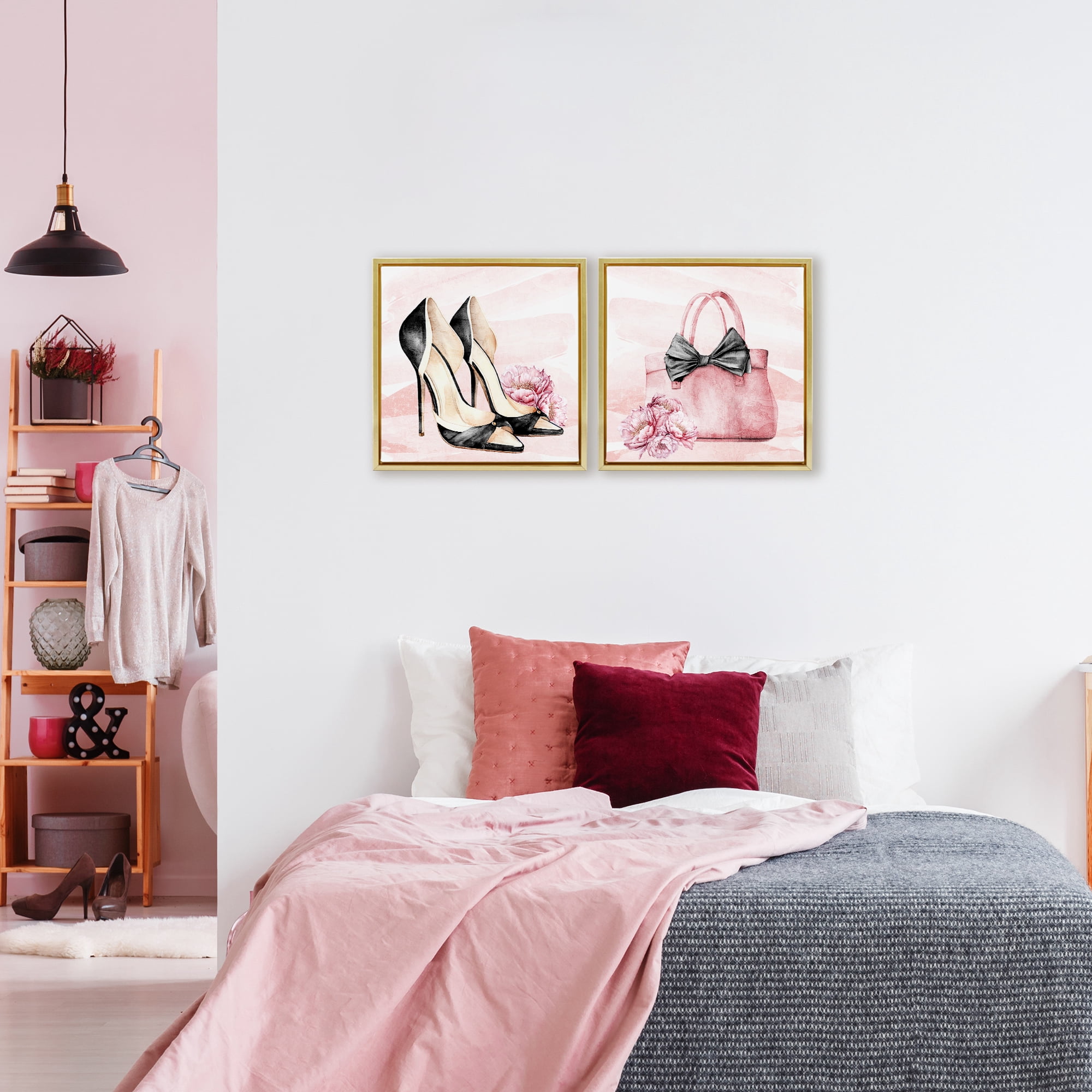 Stupell Industries Rosy Glam Time Shoes 2 Piece Gold Framed Floater Canvas Set, design by Kim Allen
