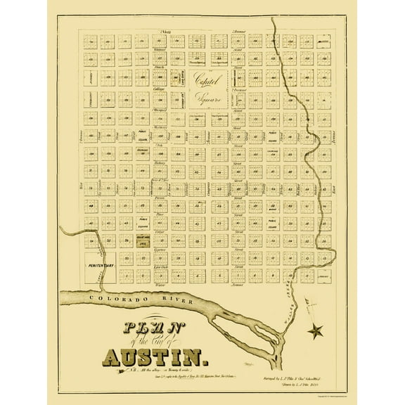Historic City Map - Austin Texas - Pilie 1839 - 23 x 30.01 - Vintage Wall Art