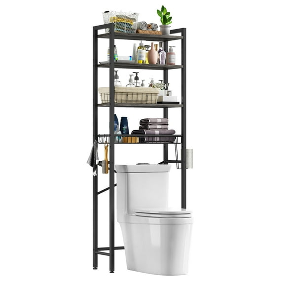 Biemlerfn Étagère de Rangement au-Dessus de la Toilette, Organisateur de Salle de Bain en Bois à 4 Niveaux, Support Gain de Place Ajustable avec Porte-Papier Hygiénique, Chêne Gris