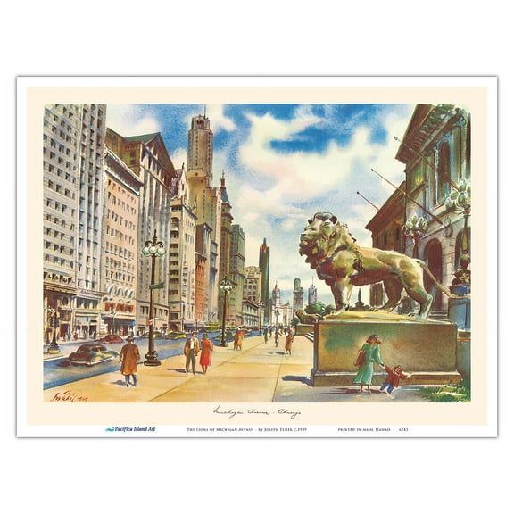 The Lions of Michigan Avenue - Chicago Illinois - Vintage Travel Poster by Joseph Fehér c.1949 - Master Art Print (Unframed) 9in x 12in