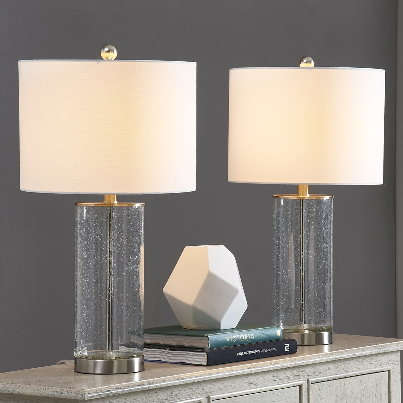 Maxax Traditional Table Lamps Set of 2, Clear Seeded Glass Nightstand ...