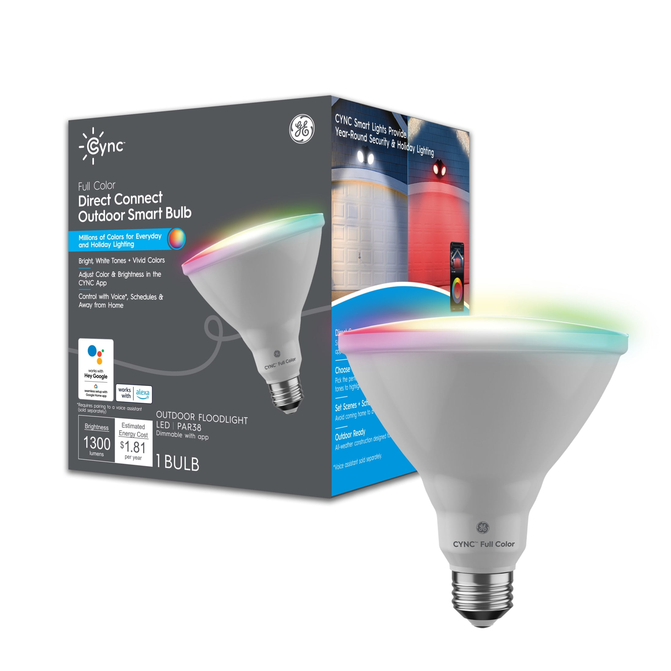 (2 pack) GE Cync PAR38 Smart LED Light Bulb, Color Changing Outdoor Décor Lights, 90 Watts, Medium Base, 1pk